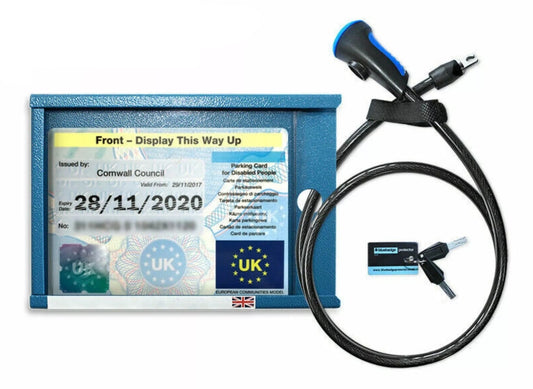 Anti theft blue badge security holder with cable on a white background