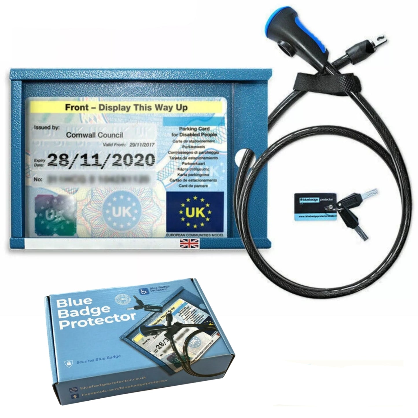 Blue badge protector with display, cable, and packaging on a white background