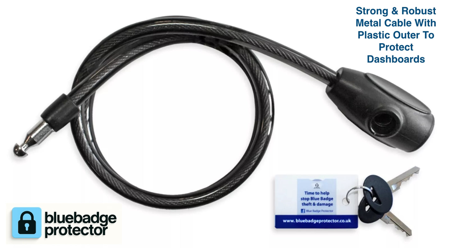 Black metal cable with plastic outer, key, and Bluebadge protector logo on a white background