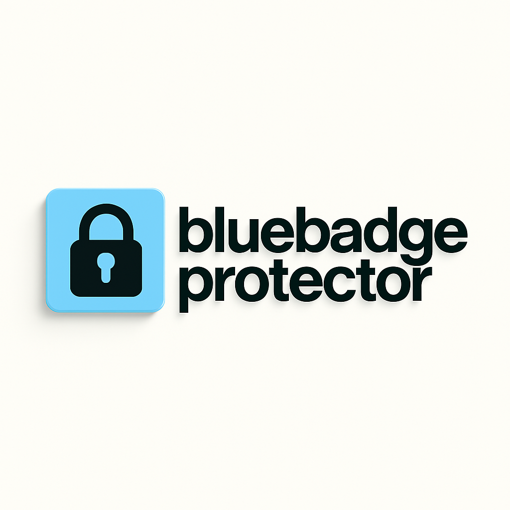 Bluebadge protector logo with a blue square and black lock icon on a white background