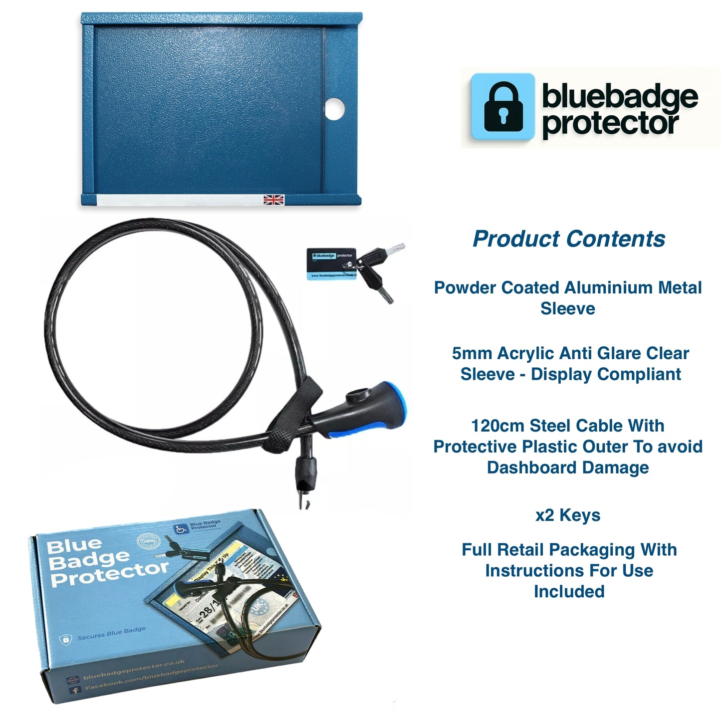 Blue badge protector set with metal sleeve, cable, keys, and packaging on a white background.