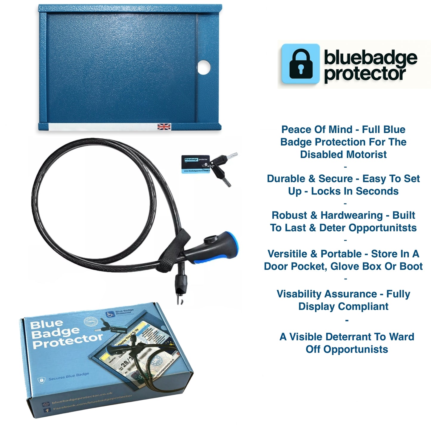 Blue badge protector with packaging and features listed on a white background