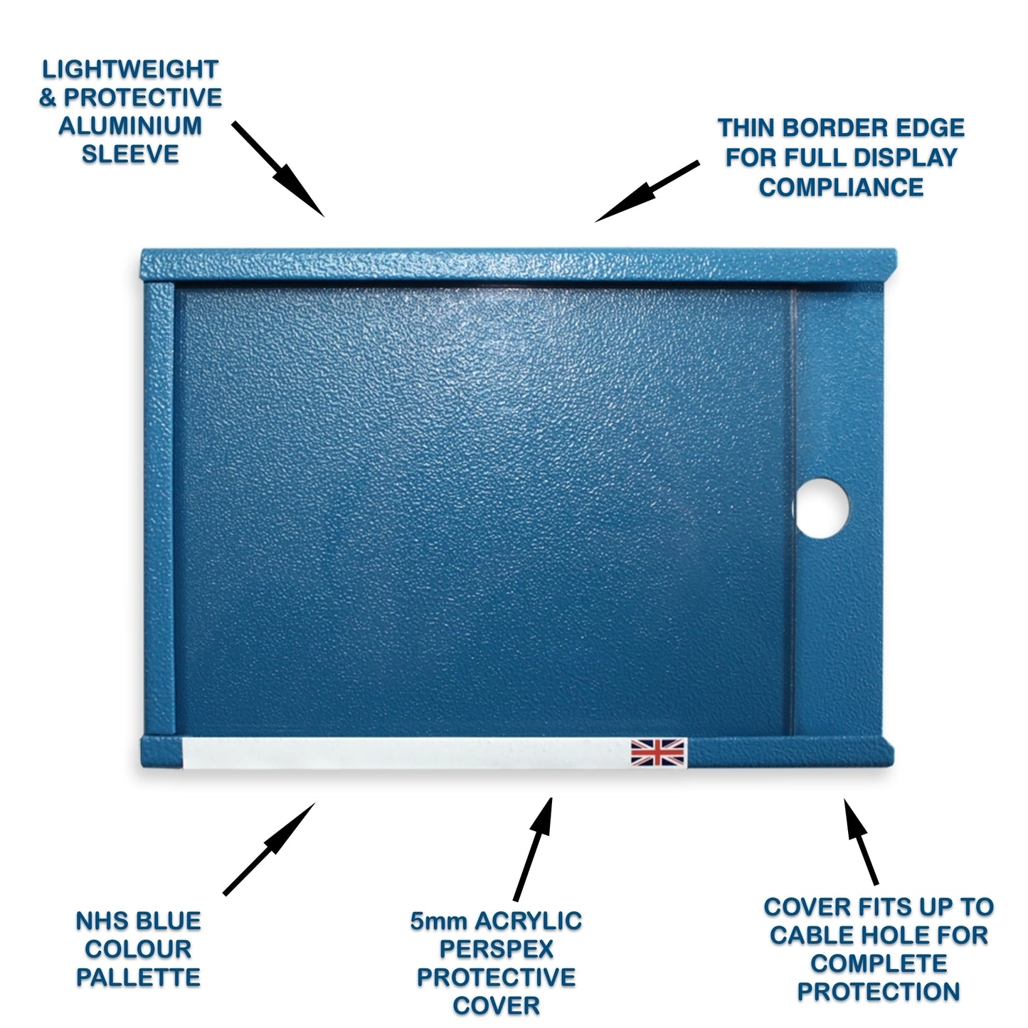 Blue protective cover with features highlighted on a white background