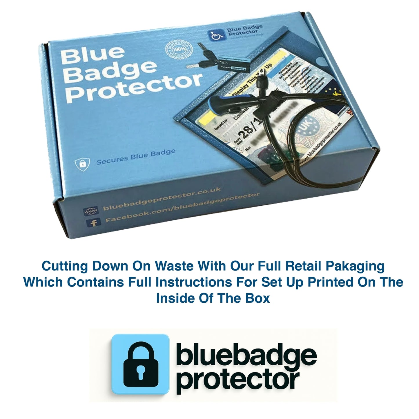 Blue Badge Protector packaging with a blue background and product illustration.