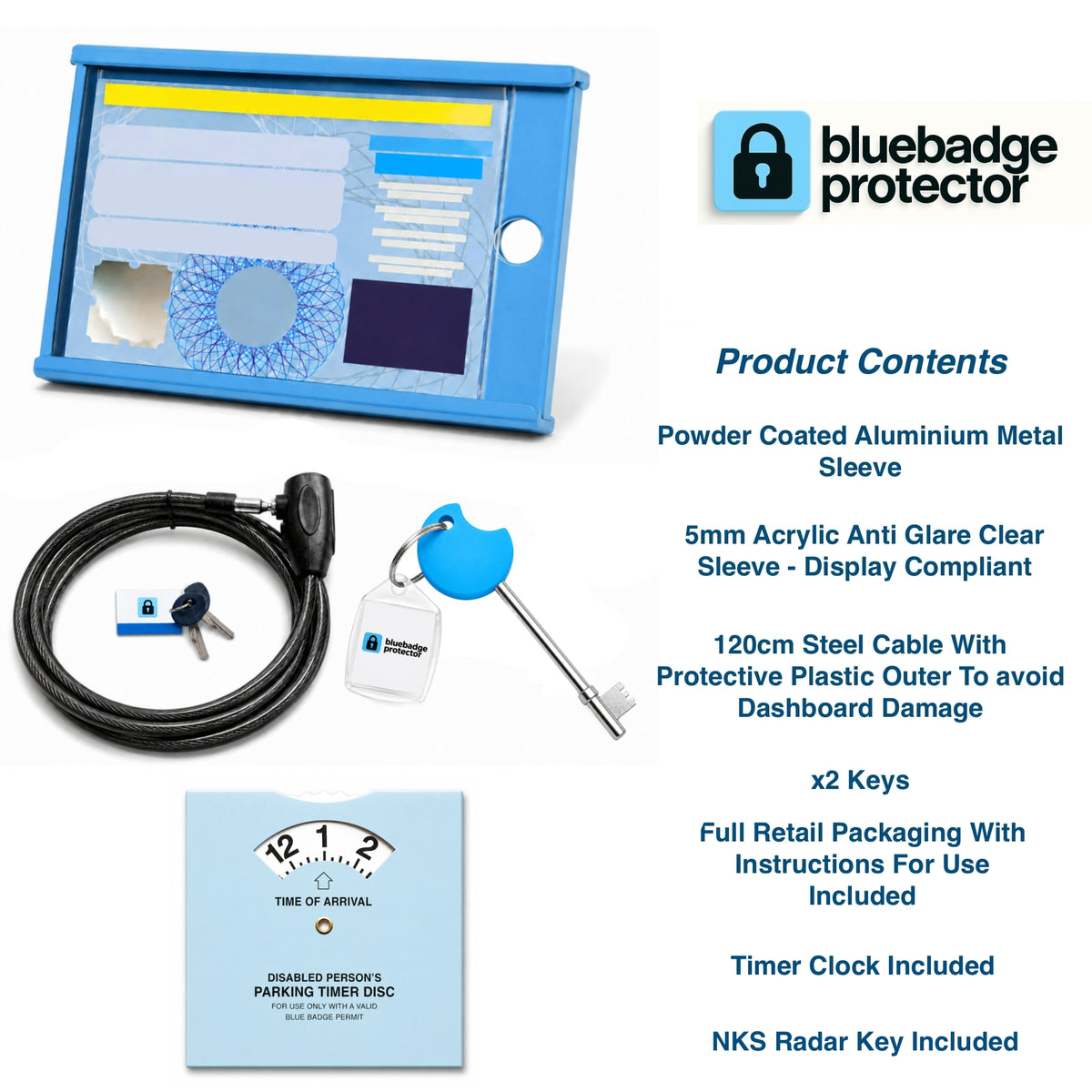 Single Blue Badge Protector Anti Theft Security Timer Clock/NKS Radar Key Bundle Set