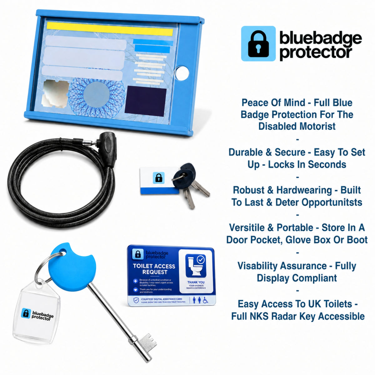 Single Blue Badge Protector Anti Theft Security Device & NKS Radar Key Bundle Set
